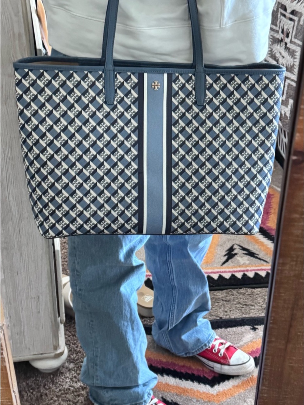 Tory Burch Navy and White Geometric Stripe Tote
